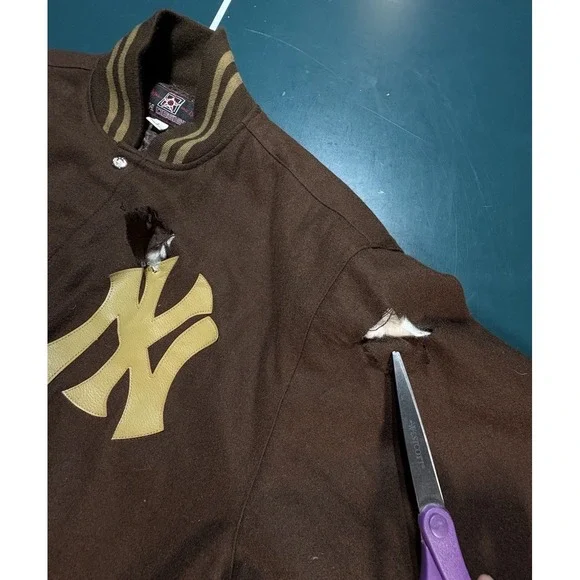 Vintage 90s Jeff Hamilton New York Yankees Wool Bomber Jacket Brown Large Flaws*